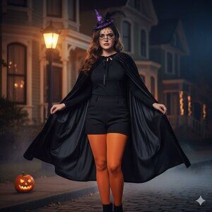 [Women Witch One-Size] Halloween Costume Set Velvet Cape Orange Tights Hat Clip